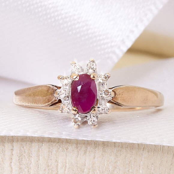 10K Gold Natural Red Ruby and Diamond Halo Ring - Elegant Vintage Jewelry, Sz 7 - Picture 3 of 8